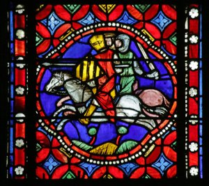 Raam met scène uit het leven van Sint Bonnet: Pavia belegerd door de baronnen